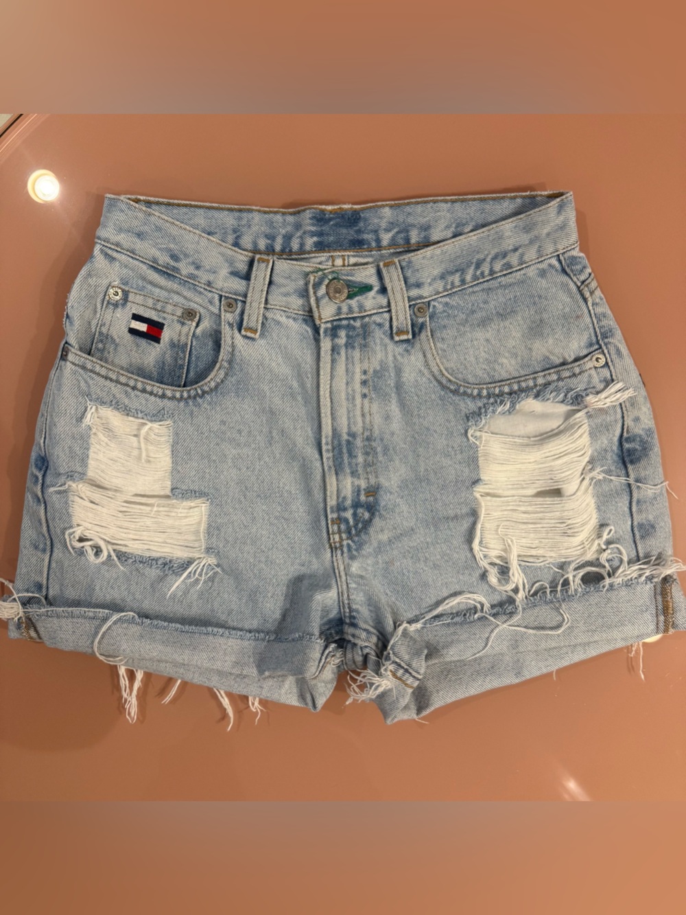 Tommy Hilfiger Vintage High Rise Light Blue Distressed Denim Shorts